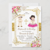 白とピンクの花バプティスフィエスタツイン 招待状 (正面)