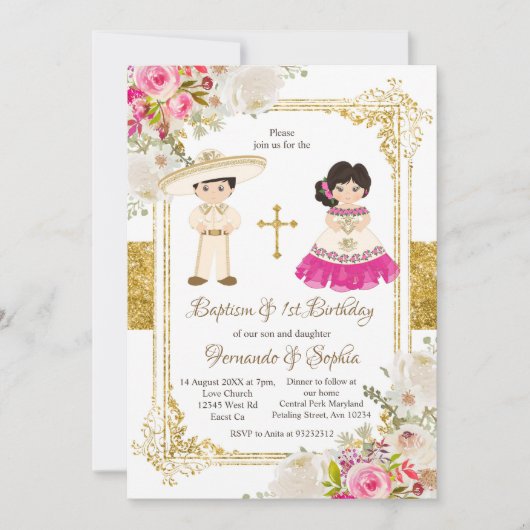 白とピンクの花バプティスフィエスタツイン 招待状 (正面)