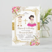 白とピンクの花バプティスフィエスタツイン 招待状 (スタンド正面)