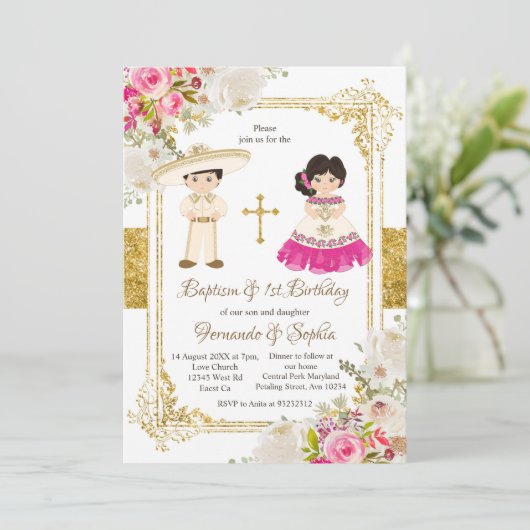 白とピンクの花バプティスフィエスタツイン 招待状 (スタンド正面)