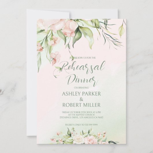 白とピンクの花リハーサルディナー招待状 招待状 (正面)