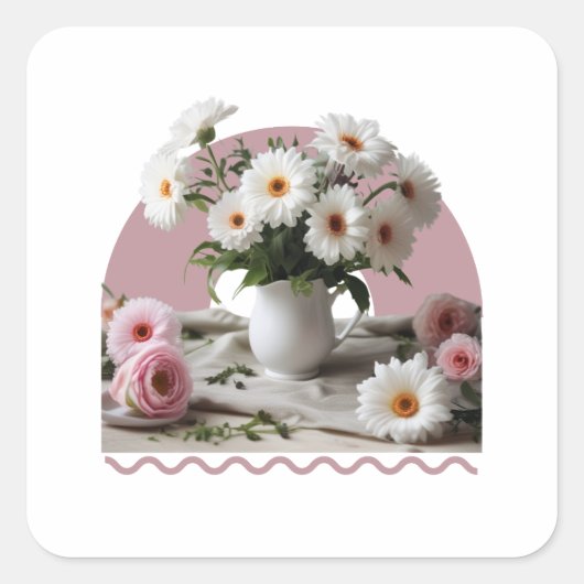 白とピンクの花 スクエアシール (正面)