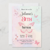 白とピンクの蝶テーマの8th誕生日 招待状 (正面)