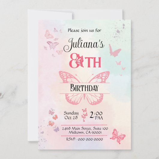 白とピンクの蝶テーマの8th誕生日 招待状 (正面)