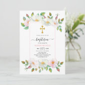 白とピンクの野生の犬のバラフローラバプテスマ 招待状 (スタンド正面)