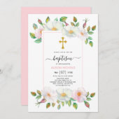 白とピンクの野生の犬のバラフローラバプテスマ 招待状 (正面/裏面)