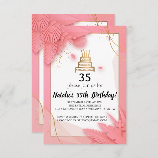 白とピンクの35番目の誕生日招待状 招待状 (正面/裏面)