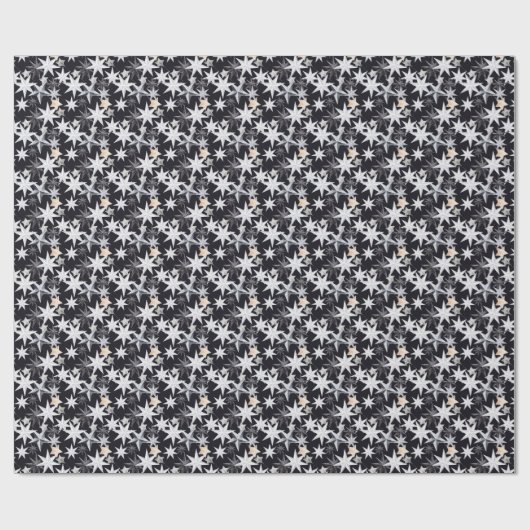 白とベージュの星。黒の背景。クリスマス ラッピングペーパー (フラット)