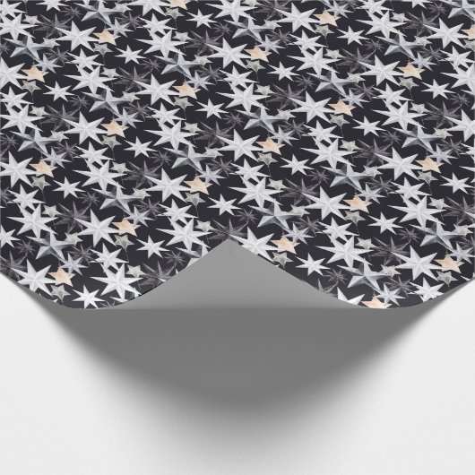 白とベージュの星。黒の背景。クリスマス ラッピングペーパー (角)