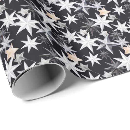 白とベージュの星。黒の背景。クリスマス ラッピングペーパー (ロールコーナー)