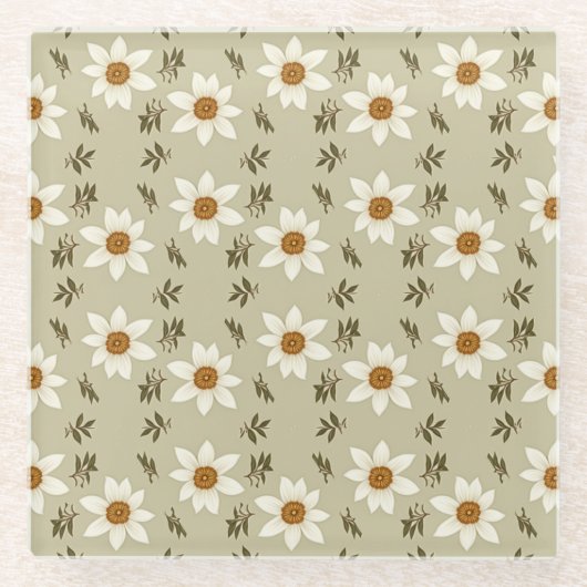 白とベージュの装飾フローラ ガラスコースター (正面)