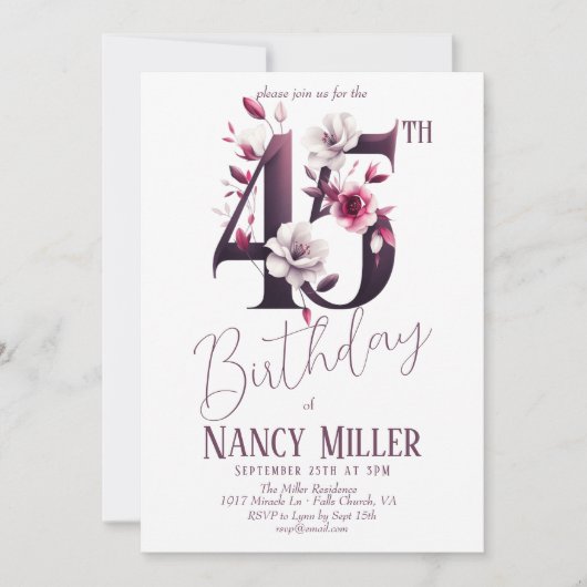 白とマゼンタの花45誕生日招待状 招待状 (正面)