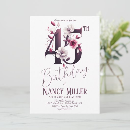 白とマゼンタの花45誕生日招待状 招待状 (スタンド正面)