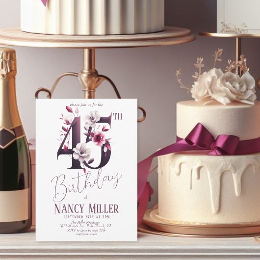 白とマゼンタの花45誕生日招待状 招待状