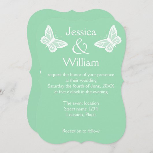 白とミントの緑の蝶結婚の 招待状 (正面/裏面)