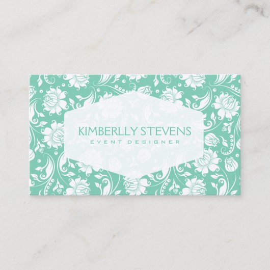 白とミントグリーンのフローラ華美ダマスク 名刺 (正面)