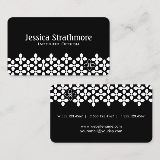 白とモダン黒の花パターン 名刺 (正面/裏面)
