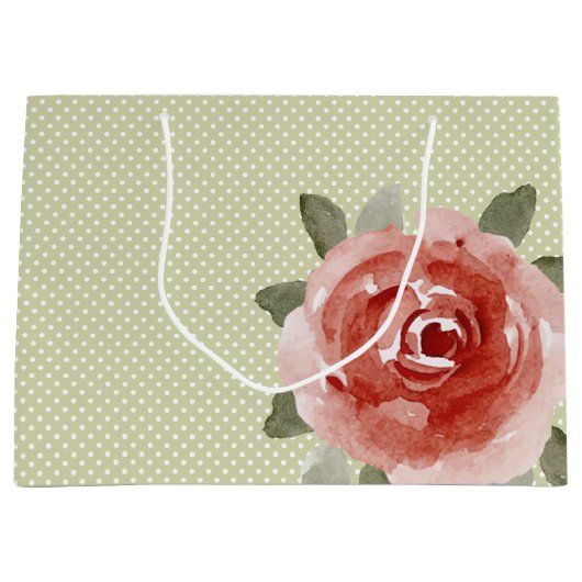 白とライムドットの上に赤いバラ LARGE ギフトバッグ (正面)