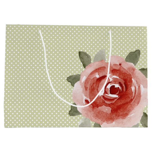 白とライムドットの上に赤いバラ LARGE ギフトバッグ (裏面)