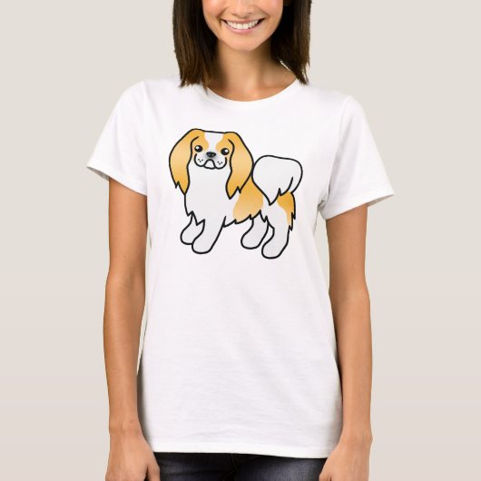 白とレモン色の日本犬チン かわいい漫画風犬 Tシャツ (正面)