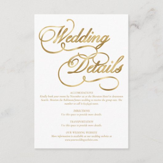 白と偽金箔カリグラフィーのフォーマルな結婚式 エンクロージャーカード (正面)