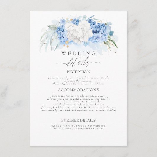 白と埃の多い青い花結婚の情報 エンクロージャーカード (正面)