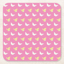 白と明るい黄色の蝶ピンク飛んでいる色 スクエアペーパーコースター