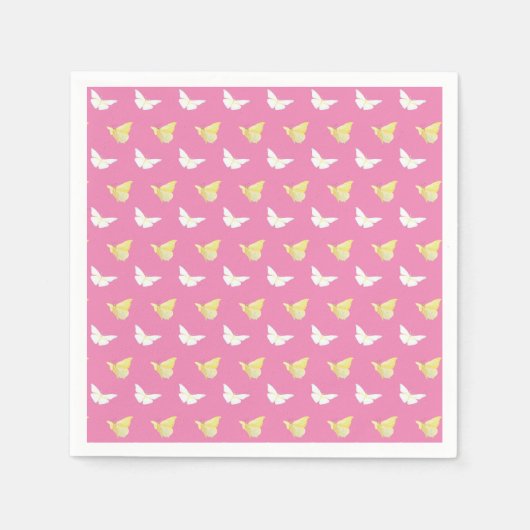白と明るい黄色の蝶ピンク飛んでいる色 スタンダードカクテルナプキン (正面)