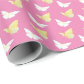 白と明るい黄色の蝶ピンク飛んでいる色 ラッピングペーパー (ロールコーナー)