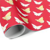 白と明るい黄色の蝶飛んでいる赤 ラッピングペーパー (ロールコーナー)