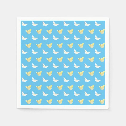 白と明るい黄色の蝶飛んでいる青 スタンダードカクテルナプキン (正面)
