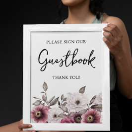 白と梅のフローラゲストブックベビーシャワーのサイン ポスター