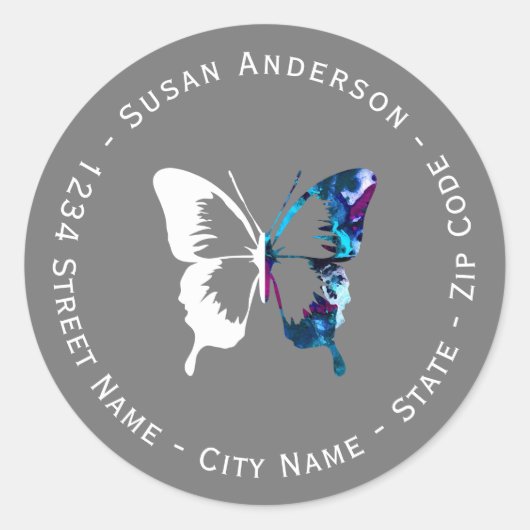 白と水色の蝶の戻り住所ラベル ラウンドシール (正面)