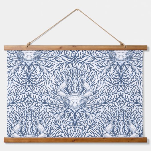 白と海軍のカニと海草 吊り下げ型タペストリー (正面)