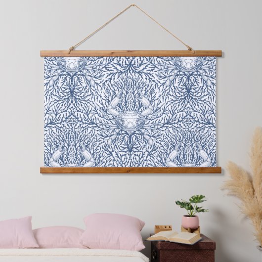 白と海軍のカニと海草 吊り下げ型タペストリー (寝室)