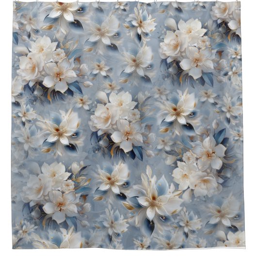 白と淡青のシルキーの花が繰り返す シャワーカーテン (正面)