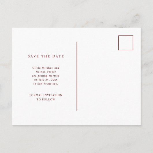 白と濃い赤の文字と写真 |日付の保存 案内ポストカード (裏面)