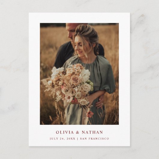 白と濃い赤の文字と写真 |日付の保存 案内ポストカード (正面)