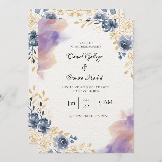 白と灰色がかった青の水色のフローラ結婚 招待状 (正面/裏面)