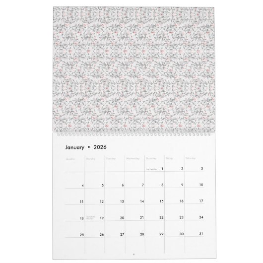 白と灰色のプレセンティで洗練されたフローラモチーフ カレンダー (1月 2026)
