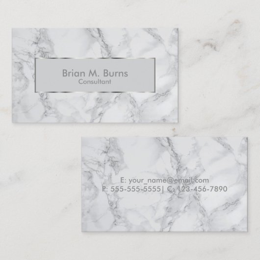 白と灰色の大理石と金属製の銀のデザイン 名刺 (正面/裏面)