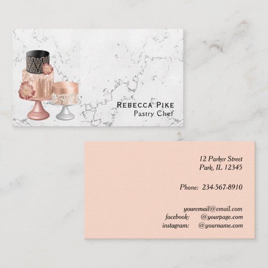 白と灰色の大理石ケーキペストリファンシーーシェフ 名刺 (正面/裏面)