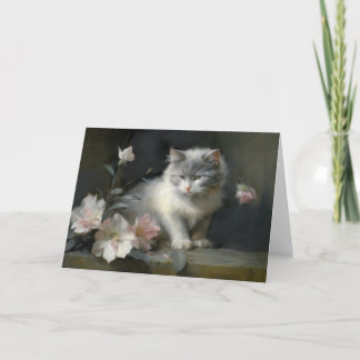 白と灰色の子猫の花を連れて サンキューカード