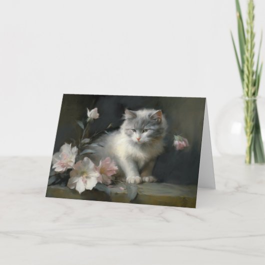 白と灰色の子猫の花を連れて サンキューカード (正面)