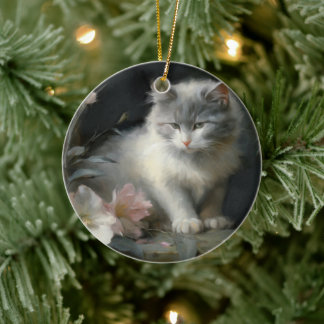 白と灰色の子猫の花を連れて セラミックオーナメント