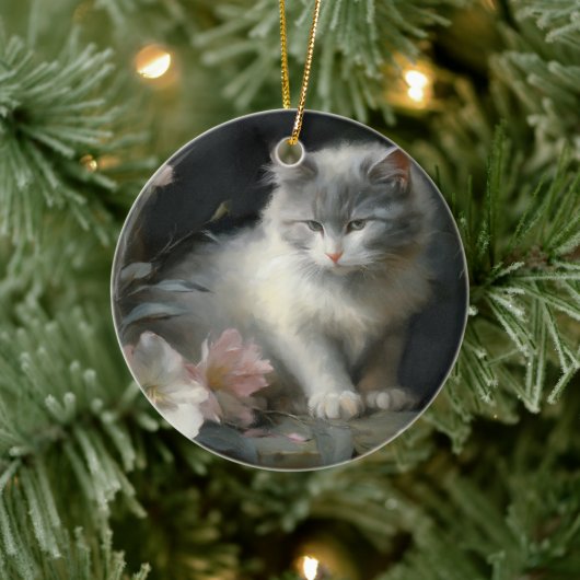 白と灰色の子猫の花を連れて セラミックオーナメント (ツリー)