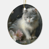 白と灰色の子猫の花を連れて セラミックオーナメント (左)