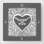 白と灰色の愛 スクエア壁時計 (正面)