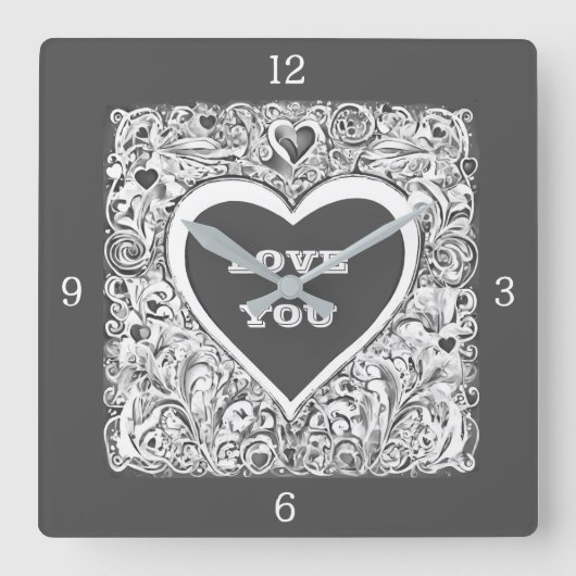 白と灰色の愛 スクエア壁時計 (正面)