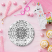 白と灰色の民俗学オーナメントダマスク ペーパープレート (パーティー)